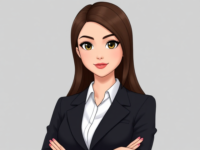 Create animated confident young woman exuding professionalism and authority. She has long, neatly styled hair, either straight or wavy, in a natural or dark brown shade. She is wearing a sharp, tailored black or dark-colored business suit with a crisp white blouse underneath. Her expression is poised and confident, with a subtle smile or neutral look, radiating bossy and empowering vibes.