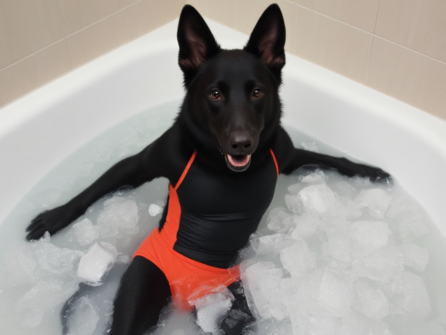 A anthropomorphic black German shepherd wearing a gymnastics leotard submerged in a bathtub full of ice