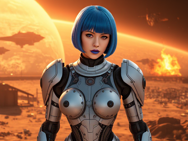 25 year old nymph Goth Girl in robotic battle suit on a planet, short blue hair, blue lipstick, spacecrafts and battleships in background, shiny translucent planet, explosions on battlefield, hyper realistic, 4K