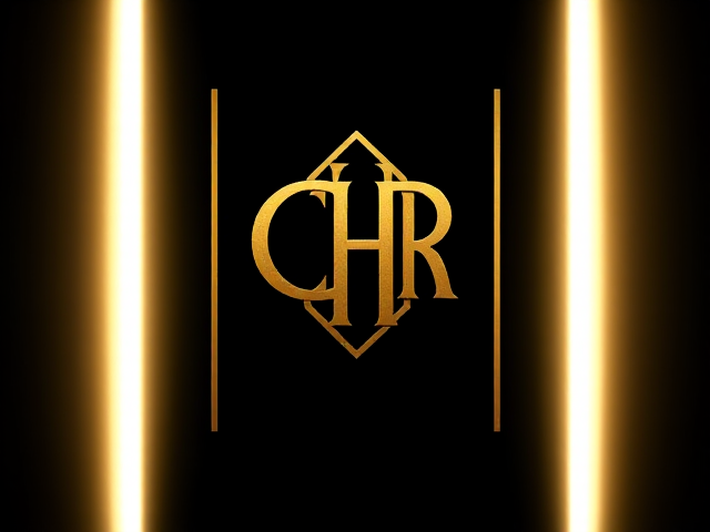 Logo symbole rectangle vertical doré, symbole, lettres CHR entrelacées dans un symbole élégant sur fond noir