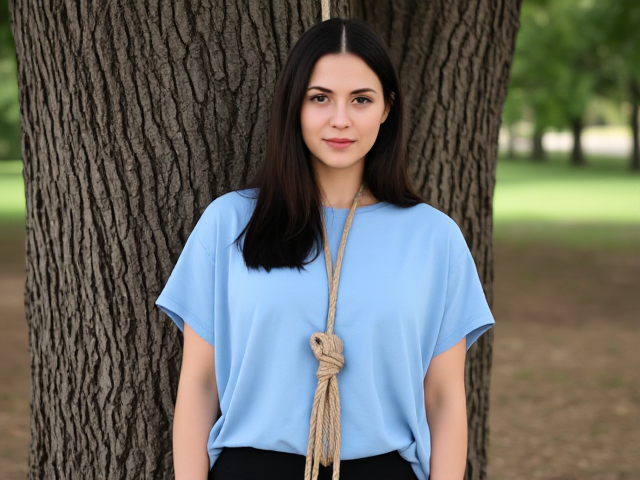 Brunettes in her early 20s dark chest length hair down wearing a light blue loose t shirt and black yoga pants right next to a looped rope knot dangling from a tree around her neck
