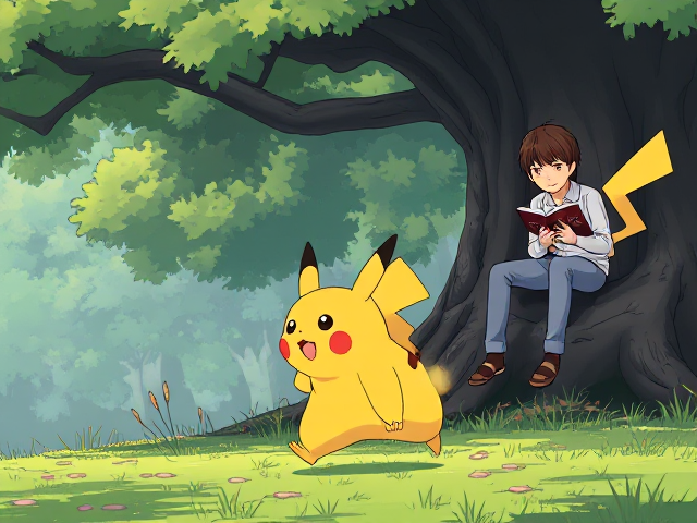 Un pikachu qui poursuit un garçon avec de cheveux longs et bruns ,à côté il y’a un garçon avec les cheveux courts et lisse qui lit un livre sur un arbre
