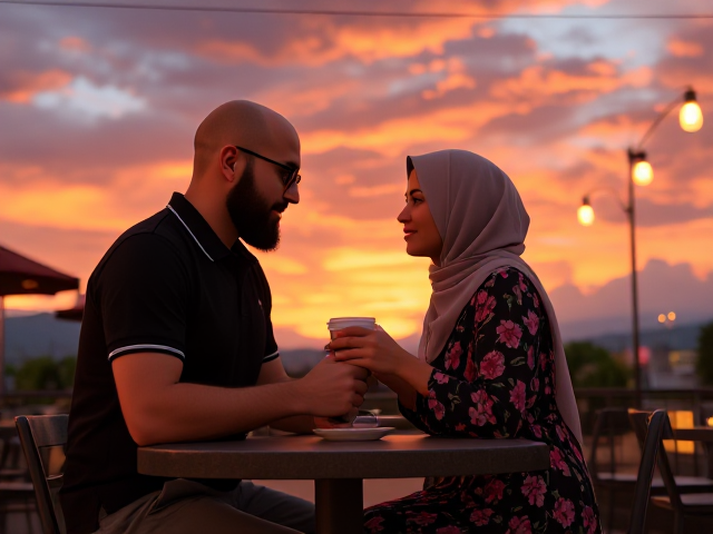 A romantic scene at an outdoor café during a vibrant sunset, featuring a bald young Muslim man with a bushy beard, wearing black-framed eyeglasses, snuggling his hijabi wife who is wearing a flowing, floral dress, while the man is dressed in a black polo and smart trousers. They gaze into each other’s eyes, holding hands around a coffee cup. The sky is filled with dramatic, warm-toned clouds, and soft lanterns illuminate the scene, adding a cosy, intimate ambiance. The art style is Disney Pixar inspired with a warm colour palette, capturing the soft lighting and detailed textures to convey a dreamy, romantic atmosphere.