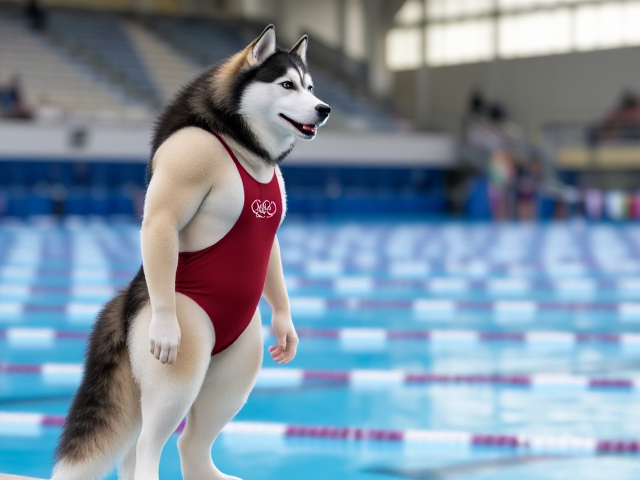 A tall ((anthropomorphic)) Siberian husky Olympic swimmer with a long torso  wearing a one piece swimsuit standing on the pool deck