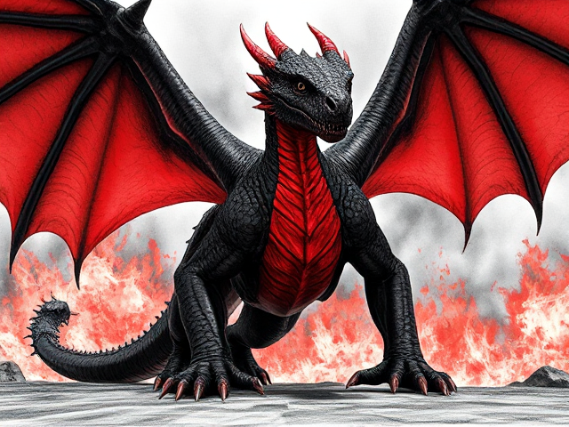 black and red scaled male dragon with enormous wings, robust and imposing; glossy black scales blend seamlessly into fiery red on his powerful feet, intricate textures reflecting light; vibrant red transitions to deep black on his vast wings, veins visible against the membrane; one blind eye marked by a prominent scar that tells tales of fierce encounters; jagged broken horns and razor-sharp claws glisten menacingly, detailed scars and bruises adorn his formidable body from numerous battles, including a deep scar over his blind eye with healed edges; rugged leather intricately secures a massive, damaged spiked ball to the tip of his long, sinuous tail adorned with spikes; standing proudly and regally with an aura of dominance in his piercing eyes that seem to glow; masterful control over fire using his majestic wings that cast shadows across the ground; dark red flames fiercely engulfing his surroundings creating a dramatic backdrop of nothing but raging fire and billowing smoke; has a sense of power by destruction, an overwhelming presence that commands respect
