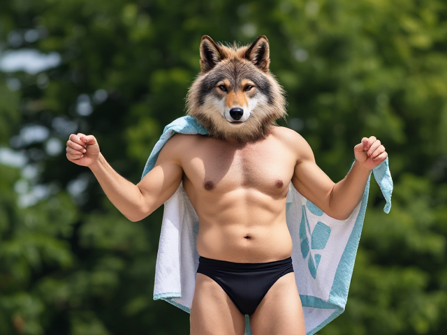 A tall anthropomorphic wolf wearing an adidas swimsuit drying off with a towel