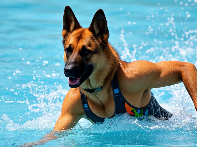 Anthropomorphic German shepherd playing water polo, intricately detailed swimsuit design with unique patterns, muscular and athletic physique, dynamic and powerful pose, sunlight glistening on the textured wet fur, vibrant and colorful aquatic setting with splashes of water