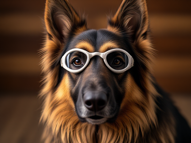A long haired German shepherd wearing swimming goggles